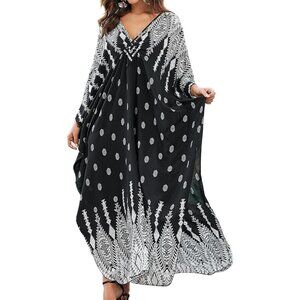 Womens White & Black V-neck Batwing Sleeve Flowy Split Hem Bohemian Kaftan Dress